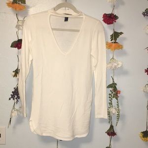 White Long Sleeve Choker V-Neck